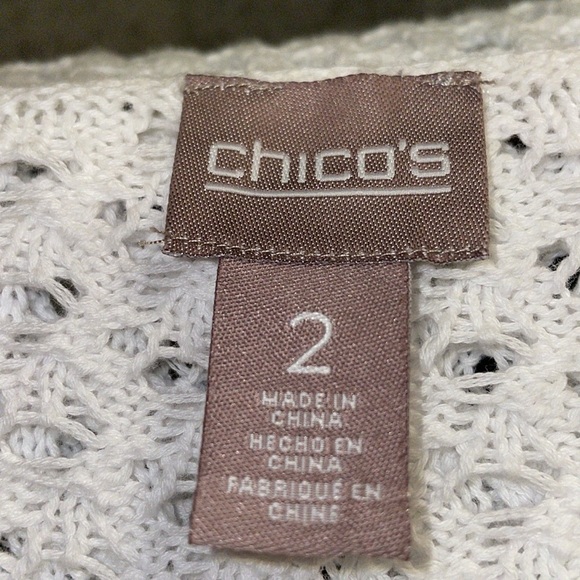 Chico’s Open Knit Crochet V-Neck Sweater Women Size 2 (12) 3/4 Sleeve White - Picture 6 of 11